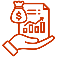 A hand holding a document with a bar graph and an upward arrow. A money bag with a dollar sign is above the document, symbolizing financial growth or investment.