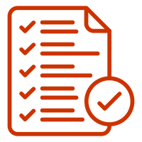 An orange icon of a checklist with several checkmarks on a page and a large checkmark in a circle beside it.