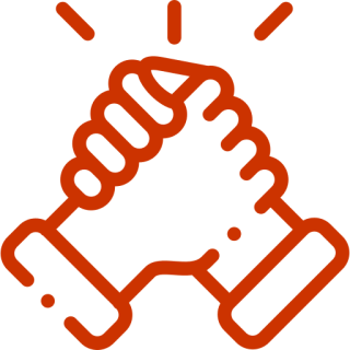 Two hands clasped together firmly, surrounded by four small lines indicating energy or movement. The illustration is in a simple red outline against a transparent background.